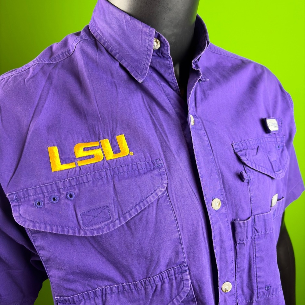 LSU Columbia PFG Bonehead Vented Fishing Shirt Mens S Tigers Purple/Gold XM7891